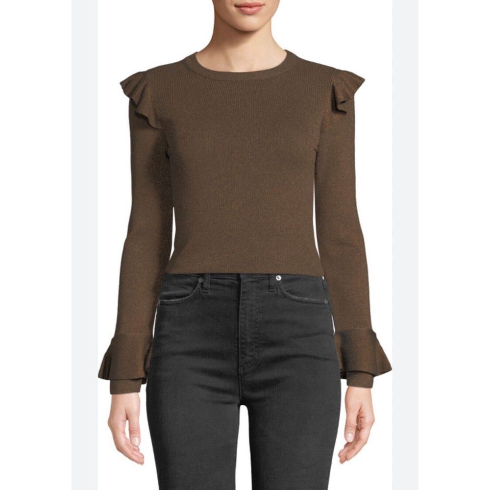 Alice and Olivia mittie metalic ruffle pullover in Brown Long Sleeve Sz L